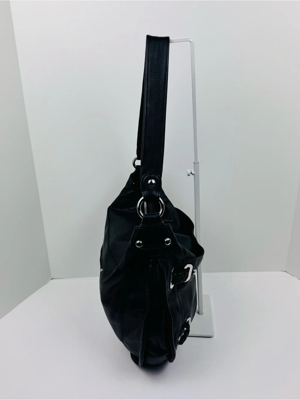 B. Makowsky Black Leather Hobo Bag with silver hardware. Soft, supple leather.